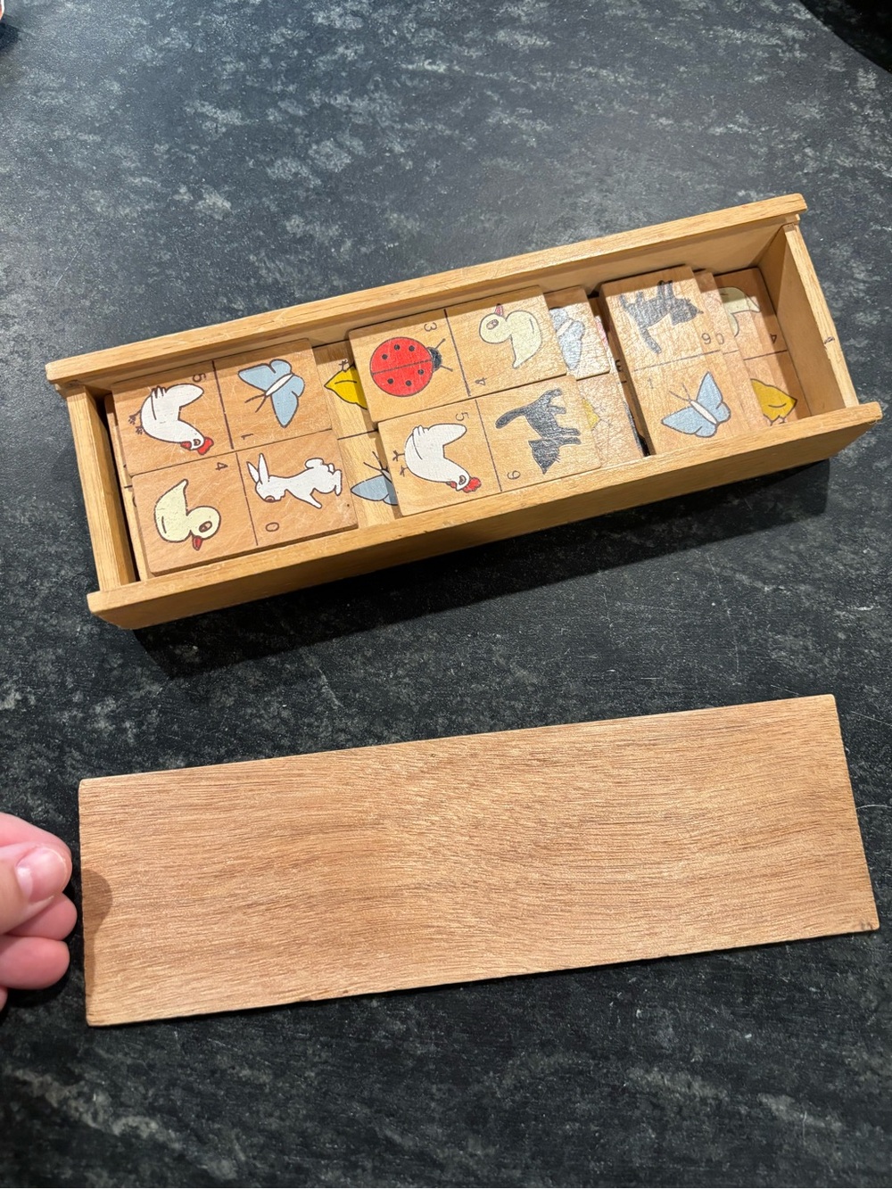 Vintage wooden animal dominos in case